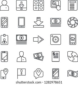 Thin Line Icon Set - right arrow vector, mobile phone, identity card, document, important flag, cash, tracking, cell, camera, user, download, application, restaurant receipt, home control app