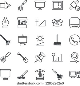 Thin Line Icon Set - right arrow vector, presentation board, drawing pin, job, garden fork, rake, well, satellite, hdmi, brightness, cellular signal, ink pen, plan, phone, pc