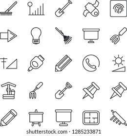 Thin Line Icon Set - right arrow vector, presentation board, drawing pin, bulb, pencil, garden fork, shovel, rake, well, satellite, hdmi, brightness, fingerprint id, cellular signal, plan, phone