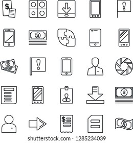 Thin Line Icon Set - right arrow vector, mobile phone, identity card, document, important flag, cash, cell, camera, user, download, application, restaurant receipt