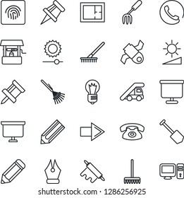 Thin Line Icon Set - right arrow vector, ladder car, presentation board, bulb, job, pencil, garden fork, rake, well, satellite, brightness, fingerprint id, drawing pin, ink pen, plan, phone, rolling