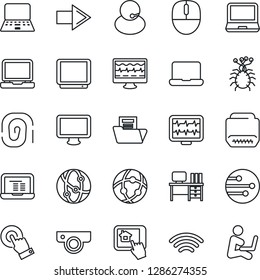 Thin Line Icon Set - right arrow vector, mouse, desk, notebook pc, monitor pulse, virus, support, tv, network, touch screen, laptop, hdmi, wireless, document folder, web camera, home control app
