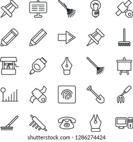 Thin Line Icon Set - right arrow vector, presentation board, drawing pin, bulb, job, pencil, garden fork, rake, well, satellite, hdmi, fingerprint id, cellular signal, ink pen, phone, rolling, pc