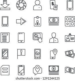 Thin Line Icon Set - right arrow vector, mobile phone, identity card, document, important flag, cash, tracking, cell, camera, user, download, application, restaurant receipt, home control app