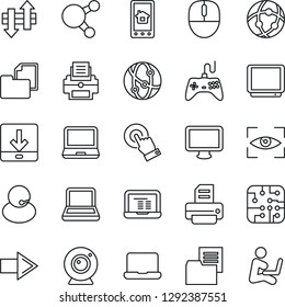 Thin Line Icon Set - right arrow vector, mouse, notebook pc, printer, support, folder document, gamepad, tv, network, touch screen, monitor, laptop, share, data exchange, download, chip, web camera