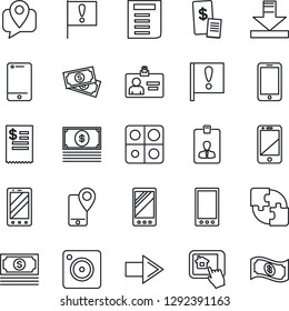 Thin Line Icon Set - right arrow vector, mobile phone, identity card, document, important flag, cash, tracking, cell, camera, download, application, restaurant receipt, home control app