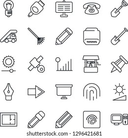 Thin Line Icon Set - right arrow vector, ladder car, presentation board, drawing pin, bulb, pencil, shovel, rake, well, satellite, hdmi, brightness, fingerprint id, cellular signal, ink pen, plan