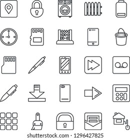 Thin Line Icon Set - right arrow vector, mobile phone, abacus, pen, fence, bucket, cell, low battery, fast forward, back, menu, themes, calculator, mail, record, sd, download, place tag, lock, clock