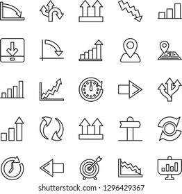 Thin Line Icon Set - right arrow vector, left, growth statistic, crisis graph, route, signpost, navigation, up side sign, update, download, bar, target, clock, presentation