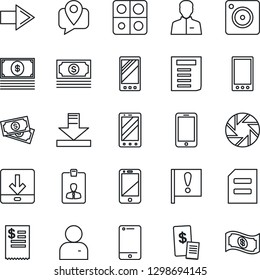 Thin Line Icon Set - right arrow vector, mobile phone, identity card, document, important flag, cash, tracking, cell, camera, user, download, application, restaurant receipt