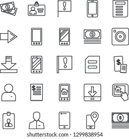 Thin Line Icon Set - right arrow vector, mobile phone, identity card, document, important flag, cash, tracking, cell, camera, user, download, restaurant receipt, home control app