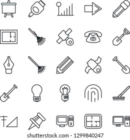 Thin Line Icon Set - right arrow vector, presentation board, bulb, job, pencil, shovel, rake, satellite, hdmi, fingerprint id, cellular signal, drawing pin, ink pen, plan, phone, pc
