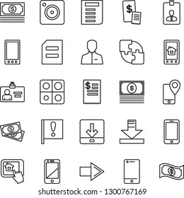 Thin Line Icon Set - right arrow vector, mobile phone, identity card, document, important flag, cash, tracking, cell, camera, user, download, application, restaurant receipt, home control app