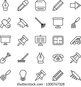 Thin Line Icon Set - right arrow vector, ladder car, presentation board, drawing pin, bulb, pencil, garden fork, shovel, rake, satellite, hdmi, ink pen, plan, phone, rolling