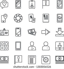 Thin Line Icon Set - right arrow vector, mobile phone, identity card, document, important flag, cash, tracking, cell, camera, user, download, application, restaurant receipt, home control app