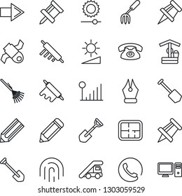 Thin Line Icon Set - right arrow vector, ladder car, drawing pin, job, pencil, garden fork, shovel, rake, well, satellite, brightness, fingerprint id, cellular signal, ink pen, plan, phone, rolling