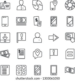 Thin Line Icon Set - right arrow vector, mobile phone, identity card, document, important flag, cash, tracking, cell, camera, user, download, application, restaurant receipt, home control app