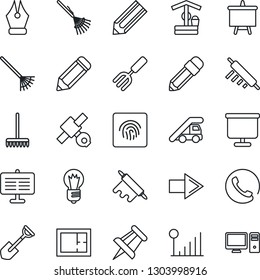 Thin Line Icon Set - right arrow vector, ladder car, presentation board, drawing pin, bulb, pencil, garden fork, shovel, rake, well, satellite, fingerprint id, cellular signal, ink pen, plan, phone