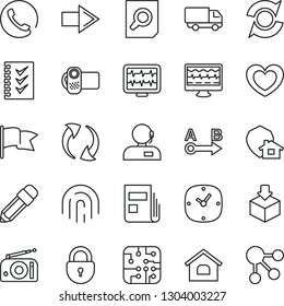 Thin Line Icon Set - right arrow vector, lock, document search, heart, monitor pulse, car delivery, package, route, radio, video camera, update, clock, fingerprint id, news, support, checklist, chip