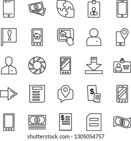 Thin Line Icon Set - right arrow vector, mobile phone, identity card, document, important flag, cash, tracking, cell, camera, user, download, application, restaurant receipt, home control app