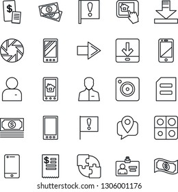 Thin Line Icon Set - right arrow vector, identity card, document, important flag, cash, mobile tracking, cell phone, camera, user, download, application, restaurant receipt, home control app