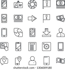 Thin Line Icon Set - right arrow vector, mobile phone, identity card, document, important flag, cash, tracking, cell, camera, user, download, application, home control app