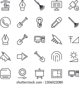 Thin Line Icon Set - right arrow vector, presentation board, bulb, job, shovel, rake, well, satellite, hdmi, brightness, fingerprint id, cellular signal, ink pen, pencil, plan, phone, rolling pin