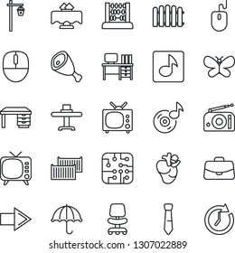 Thin Line Icon Set - right arrow vector, office chair, case, abacus, mouse, desk, fence, butterfly, garden light, real heart, cargo container, umbrella, radio, tv, music, tie, restaurant table, ham