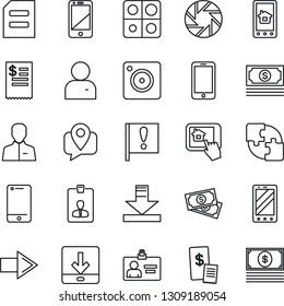 Thin Line Icon Set - right arrow vector, mobile phone, identity card, document, important flag, cash, tracking, cell, camera, user, download, application, restaurant receipt, home control app