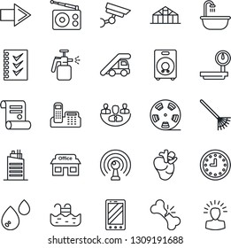 Thin Line Icon Set - right arrow vector, ladder car, mobile phone, contract, rake, greenhouse, garden sprayer, real heart, broken bone, store, clock, heavy scales, reel, radio, antenna, speaker