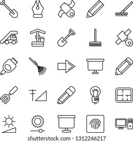 Thin Line Icon Set - right arrow vector, ladder car, presentation board, bulb, job, pencil, garden fork, shovel, rake, well, satellite, hdmi, brightness, fingerprint id, cellular signal, ink pen, pc