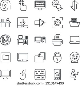Thin Line Icon Set - right arrow vector, lock, mouse, desk, printer, monitor pulse, folder document, tv, network, touch screen, data exchange, download, manager, notebook pc, chip, web camera