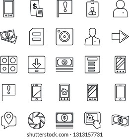 Thin Line Icon Set - right arrow vector, mobile phone, identity card, document, important flag, cash, tracking, cell, camera, user, download, application, restaurant receipt, home control app