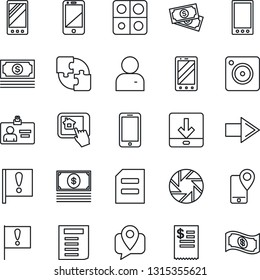 Thin Line Icon Set - right arrow vector, mobile phone, identity card, document, important flag, cash, tracking, cell, camera, user, download, application, restaurant receipt, home control app