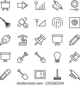 Thin Line Icon Set - right arrow vector, presentation board, drawing pin, bulb, job, pencil, shovel, rake, well, satellite, hdmi, brightness, fingerprint id, cellular signal, plan, rolling