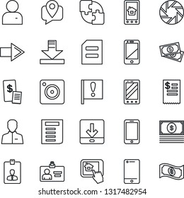 Thin Line Icon Set - right arrow vector, mobile phone, identity card, document, important flag, cash, tracking, cell, camera, user, download, application, restaurant receipt, home control app