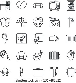 Thin Line Icon Set - right arrow vector, case, abacus, desk, tie, stamp, fence, butterfly, garden light, real heart, cargo container, umbrella, tulip, radio, tv, cut, music, cushioned furniture, ham