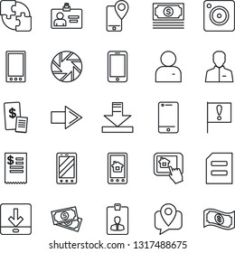 Thin Line Icon Set - right arrow vector, mobile phone, identity card, document, important flag, cash, tracking, cell, camera, user, download, application, restaurant receipt, home control app