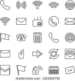 Thin Line Icon Set - right arrow vector, mail, mouse, calendar, call, wireless, update, calculator, phone, lock, flag