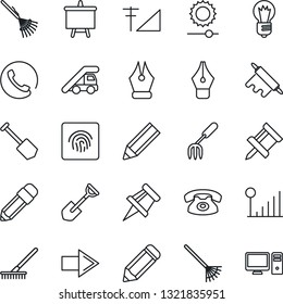 Thin Line Icon Set - right arrow vector, ladder car, presentation board, bulb, job, pencil, garden fork, shovel, rake, brightness, fingerprint id, cellular signal, drawing pin, ink pen, phone, pc