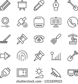 Thin Line Icon Set - right arrow vector, presentation board, job, pencil, garden fork, shovel, rake, well, satellite, hdmi, brightness, fingerprint id, cellular signal, drawing pin, ink pen, plan
