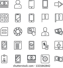 Thin Line Icon Set - right arrow vector, mobile phone, identity card, document, important flag, cash, cell, camera, user, download, application, restaurant receipt, home control app