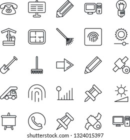 Thin Line Icon Set - right arrow vector, ladder car, presentation board, drawing pin, bulb, pencil, shovel, rake, well, satellite, brightness, fingerprint id, cellular signal, plan, phone, pc
