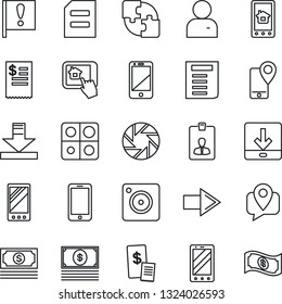 Thin Line Icon Set - right arrow vector, mobile phone, identity card, document, important flag, cash, tracking, cell, camera, user, download, application, restaurant receipt, home control app