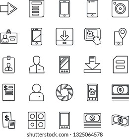 Thin Line Icon Set - right arrow vector, mobile phone, identity card, document, cash, tracking, cell, camera, user, download, application, restaurant receipt, home control app