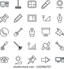 Thin Line Icon Set - right arrow vector, drawing pin, job, garden fork, shovel, rake, satellite, brightness, cellular signal, presentation board, ink pen, pencil, plan, phone, rolling, pc