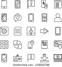 Thin Line Icon Set - right arrow vector, mobile phone, identity card, document, important flag, tracking, cell, camera, user, download, application, restaurant receipt, home control app, cash