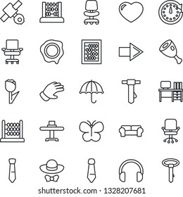 Thin Line Icon Set - right arrow vector, office chair, abacus, desk, tie, stamp, glove, butterfly, satellite, umbrella, tulip, headphones, heart, cushioned furniture, restaurant table, dress code