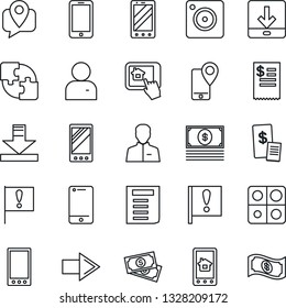 Thin Line Icon Set - right arrow vector, mobile phone, document, important flag, cash, tracking, cell, camera, user, download, application, restaurant receipt, home control app