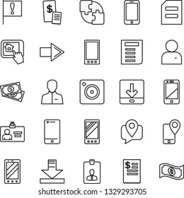 Thin Line Icon Set - right arrow vector, mobile phone, identity card, document, important flag, cash, tracking, cell, camera, user, download, application, restaurant receipt, home control app